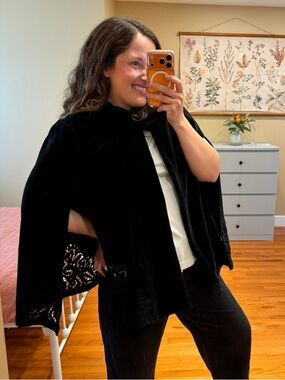 V. De. Vinster Black Open-Front Velvet Women's Sweater Cape Pure Cotton XL